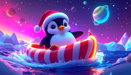 Adorable penguin in santa hat floating in a festive boat amidst planets