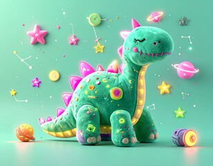 Adorable stuffed dinosaur with cosmic elements on turquoise background
