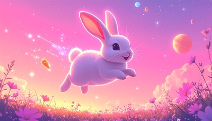 Adorable white rabbit floating in a dreamy pastel colored sky illustration