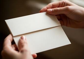 Obraz premium Hands delicately holding and presenting a blank ivory invitation card in soft lighting evoking anticipation and