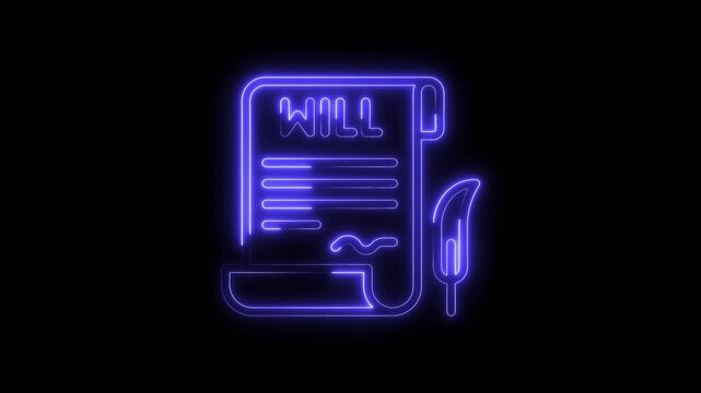 Last will testament document neon glowing line on black background animated graphic