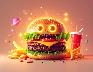 Animated burger with french fries and soda sparkling on a warm background