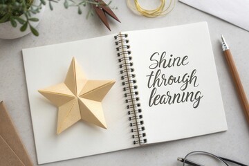 Origami star with inspirational quote placed on white notebook