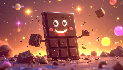 Animated chocolate bar smiling in space with planets and stars concept