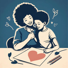 Mother and son drawing a heart together with love and care.