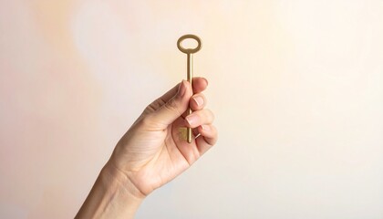 Hand holding ornate golden key with circular bow, illuminated by warm sunlight against green foliage, symbolizing opportunity and discovery.