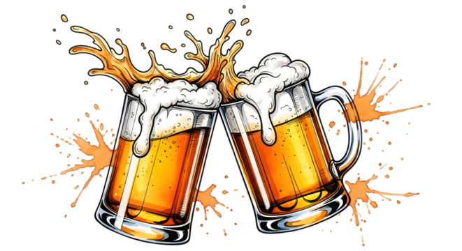 Two frothy beer mugs clinking together with splashes and splatters, isolated on transparent background