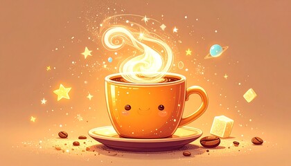 Animated coffee cup with steam emitting stars and planets in whimsical illustration