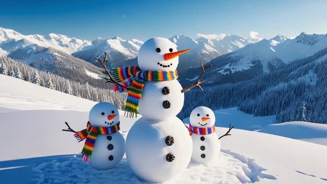 Three snowmen stand in a snowy field with mountains in the background on a sunny winter day christmas snowman video