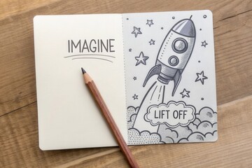 Pencil Drawing of Rocket Launching with Text Imagine Lift Off