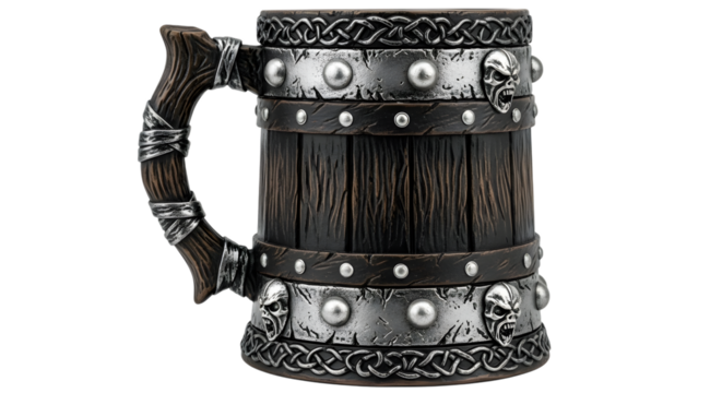 A detailed, dark wooden tankard with metal accents and a rustic handle, isolated on transparent background