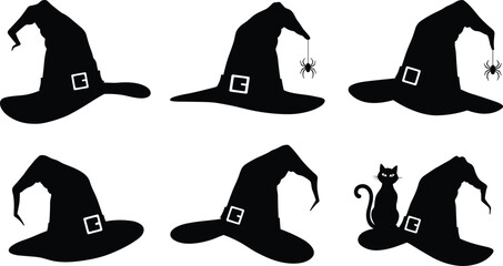 Halloween witch hat vector set with spooky spider, black cat, magic accessory, pointed hat silhouettes, cartoon horror decoration design