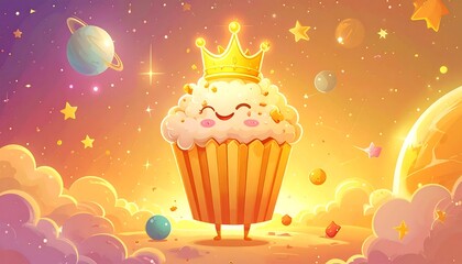 Animated cupcake character with crown in whimsical space illustration