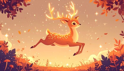 Animated deer leaping through colorful autumn scene with glowing antlers