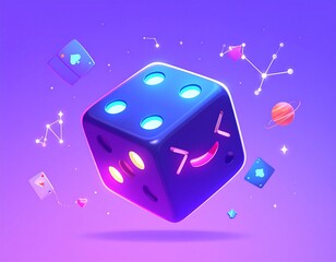 Animated dice illustration with playing cards and constellations in gradient