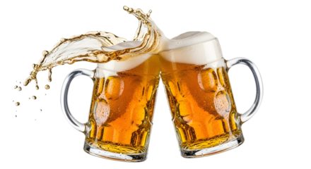 Two beer mugs clinking together with a splash of beer isolated on transparent background