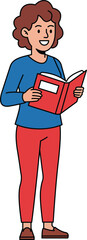 Smiling cartoon woman with curly brown hair reading an open red book, depicted in a friendly and cheerful full-body illustration.