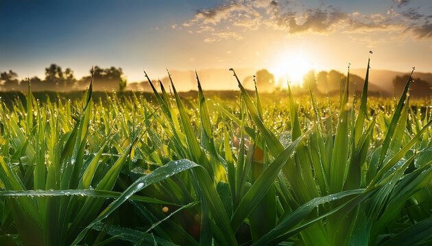 Verdant Blades Adorned With Glistening Dewdrops At Daybreak Create A Refreshing Natural Art Showcase Of Early Morning