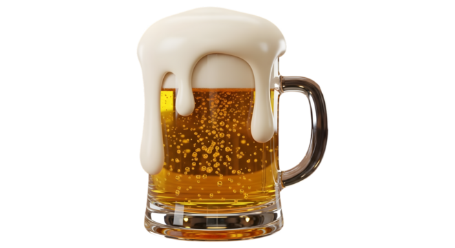A refreshing mug of golden beer with a thick foamy head, isolated on transparent background