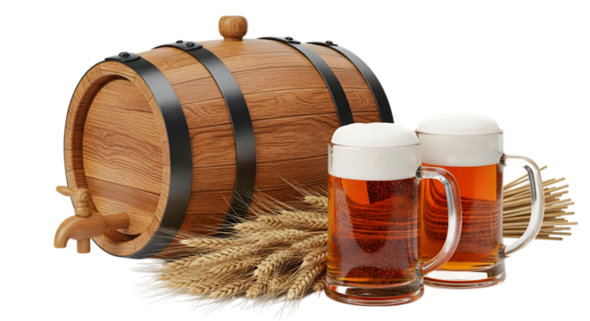 Wooden beer barrel with two mugs of beer and wheat ears, isolated on transparent background - Powered by Adobe