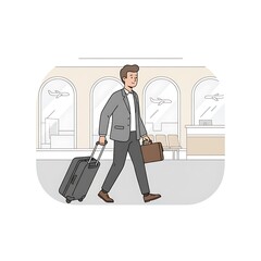 Flat vector businessman with suitcase walking at airport
