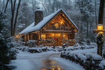 Snow-covered log cabin nestled in the woods.