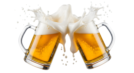 Two frosty beer mugs clinking together with a splash of beer and foam isolated on transparent background