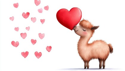 Cute watercolor llama gives heart . Clipart for romantic cards. Lovely animal illustration bestows affection. graphic resource ideal for heartfelt greeting invitation design printable