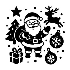 Vector black and white christmas scene with santa reindeer tree and ornaments design on transparent background
