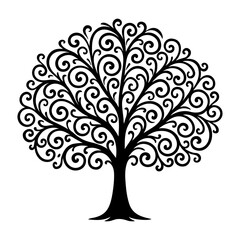 Fototapeta premium Vector a decorative tree with swirling branches and leaves in a black silhouette on transparent background