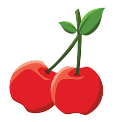 Vector illustration of two bright red cherries with green leaves and stems, isolated on white background. Clean flat design perfect for fruit, dessert, and summer graphics.