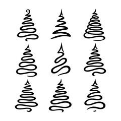Vector collection of nine stylized christmas trees rendered with single black lines on transparent background