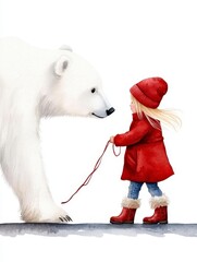 Cute watercolor polar bear with little wearing a red coat and boots. Adorable arctic bear cub illustration a child in scarlet outerwear footwear dreamy winter scene festive holiday