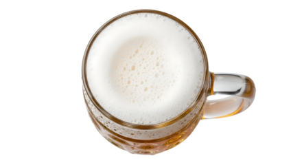 Top view of a frothy beer mug isolated on transparent background