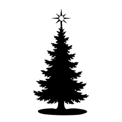 Vector silhouette of a christmas tree with a star on top against on transparent background