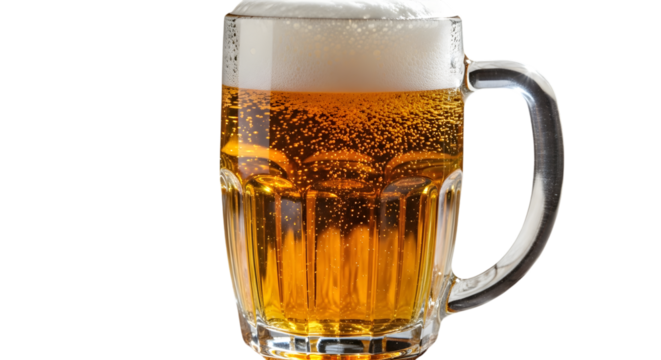 A refreshing mug of golden beer with a thick foamy head, isolated on a transparent background