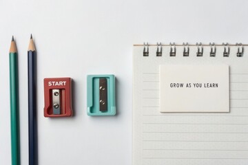 Sharpeners and a Notebook with a Motivational Quote on a White Desk
