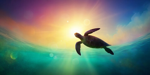 A sea turtle glides effortlessly through clear water, silhouetted against a colorful sunset. The sun casts a warm glow, creating a serene atmosphere in the ocean
