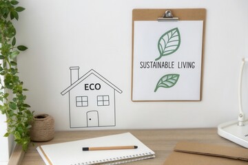 Simple house sketch with leaf icon representing sustainable living