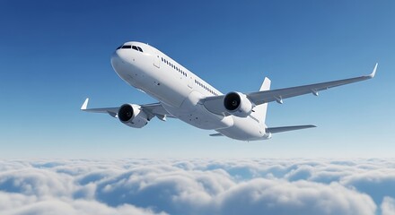 A commercial airplane flying high above a sea of fluffy white clouds on a clear blue sky day vacation background