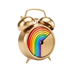 Golden alarm clock with a rainbow inside the clock face, isolated on transparent background