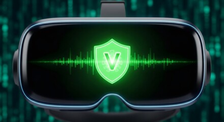 Virtual reality headset with antivirus shield and sound wave on screen. Cyber security and data protection concept.