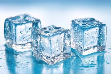Obraz premium Three fresh ice cubes with water droplets close-up