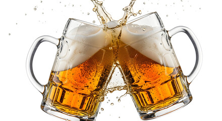Two frosty beer mugs clinking together with a splash of beer, isolated on transparent background