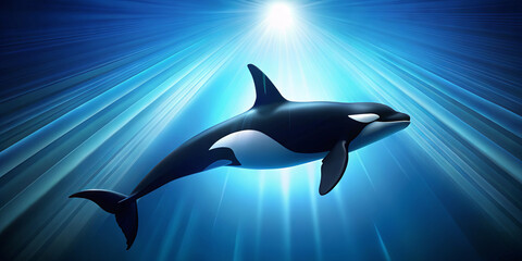 Fototapeta premium An orca is seen gliding smoothly through the clear, deep blue ocean waters, illuminated by vibrant sunlight shining from above, showcasing its stunning colors and features