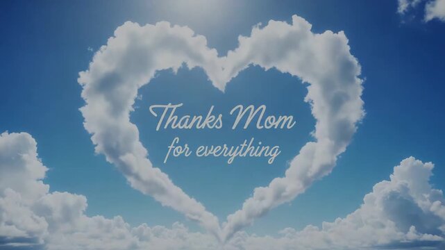 Heart-shaped cloud in blue sky with Thanks Mom for everything text a heartfelt message for Mothers Day