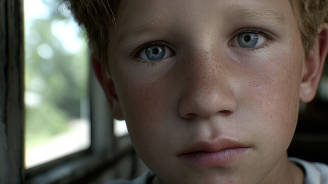 Pensive blonde boy with blue eye on school bus