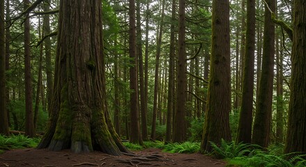 Naklejka premium Misty Forest Path: A Serene Journey Through a Lush Green Woodland Landscape