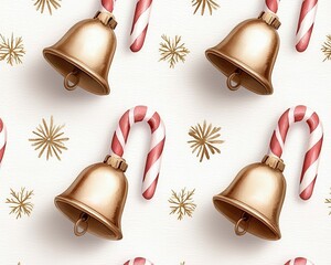 Ethereal Christmas watercolor pattern featuring layered snowflakes vintage inspired golden bells and gentle candy cane motifs. Festive xmas backdrop dreamy winter holiday repeat