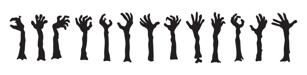 Zombie hands silhouettes. Halloween decor. Set doodle zombie hand